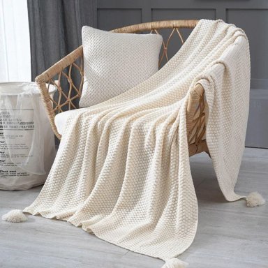 MANTA NORDICA CON BORLAS TEJIDA FRAZADA DECORATIVA 127X172CM TAMAÑO 2 PLAZAS - 1