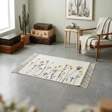 BAJADA DE CAMA KILIM 60CM X 90CM TEJIDAS EN ALGODON CON FLECOS ESTAMPADA - 1