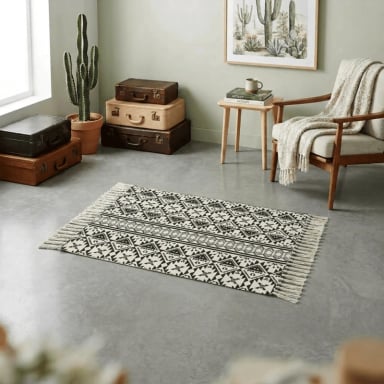 BAJADA DE CAMA KILIM 60CM X 90CM TEJIDAS EN ALGODON CON FLECOS ESTAMPADA - 1
