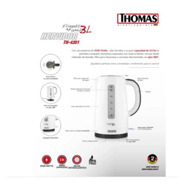 HERVIDOR DE AGUA ELE CTRICO 3 LITROS CAPACIDAD 2200W TH- 4351 - 4