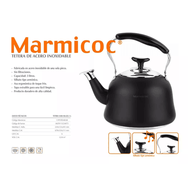 TETERA MARMICOC 3 LITROS BLACK ACERO INOXIDABLE CON SILBATO - 3