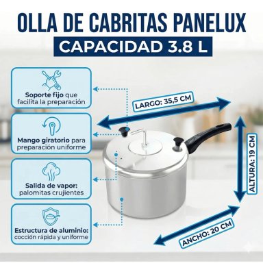 OLLA PARA CABRITAS PALOMITAS 3.8 LITROS PANELUX ALUMINIO POP CORN PLATEADO - 3