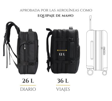 MOCHILA MALETA MOVAC CARRY ON DE VIAJE EXPANDIBLE 26L-36L IMPERMEABLE EQUIPAJE DE MANO - 5