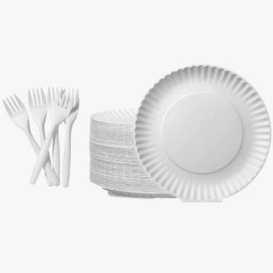 PACK 100 PLATO DE CARTON BLANCO + 100 TENEDORES DESECHABLES - 1