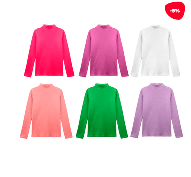 CAMISETA DE NIÑA POLAR CUELLO ALTO COLORES SURTIDOS |12 UNID TALLAS: 5-6/7-8/9-10/11-12 - 1