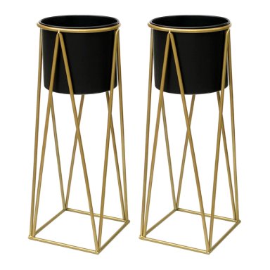 SET 2 PORTA MACETEROS PEDESTAL IGUAL TAMAÑO NEGRO DORADOS - 1