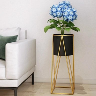 SET 2 PORTA MACETEROS PEDESTAL IGUAL TAMAÑO NEGRO DORADOS - 3