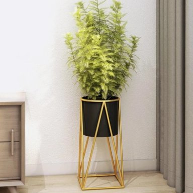 SET 2 PORTA MACETEROS PEDESTAL IGUAL TAMAÑO NEGRO DORADOS - 4