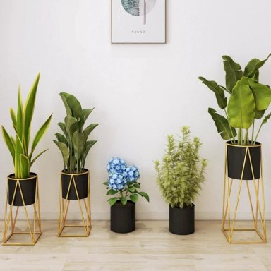 SET 2 PORTA MACETEROS PEDESTAL IGUAL TAMAÑO NEGRO DORADOS - 5