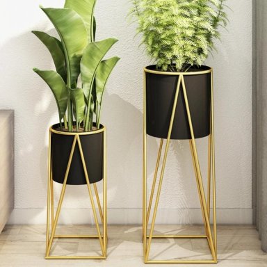 SET 2 PORTA MACETEROS PEDESTAL IGUAL TAMAÑO NEGRO DORADOS - 7