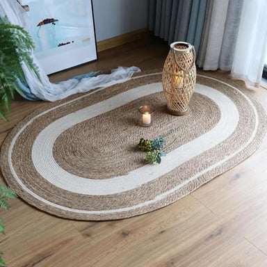 ALFOMBRA FRANJA BLANCA S NATURAL YUTE RUSTICA OVALADA - 4