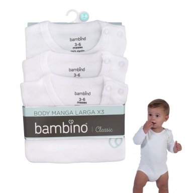 BODYS MANGA LARGA 3 PZS  ALGODON 9-12 MESES BAMBINO BLANCO - 3