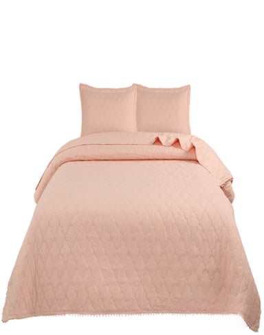CUBRECAMA SALMON QUILT 2 PLAZAS CON POMPONES C9 - 1