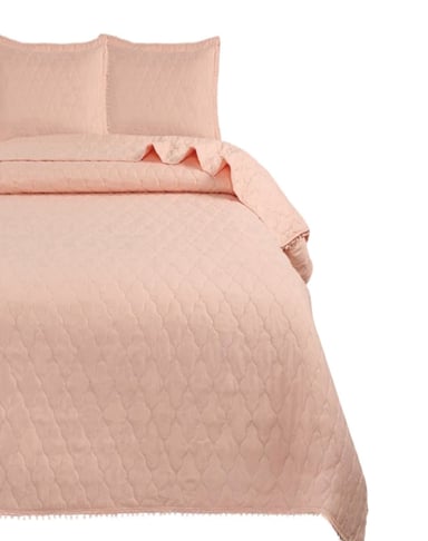 CUBRECAMA SALMON QUILT 2 PLAZAS CON POMPONES C9 - 2