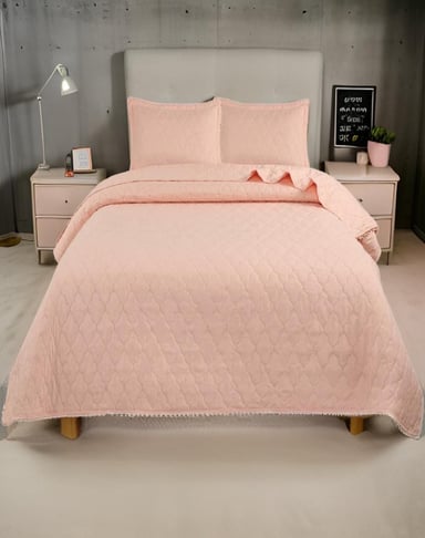 CUBRECAMA SALMON QUILT 2 PLAZAS CON POMPONES C9 - 3