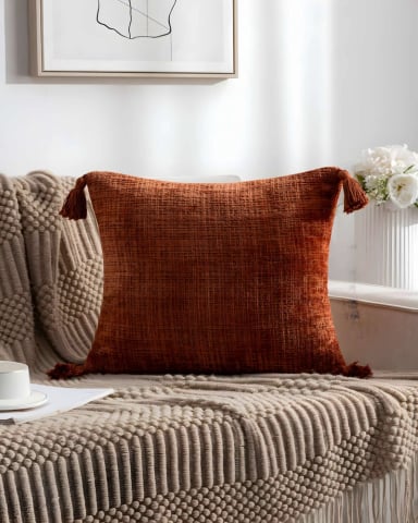 SET DE 2 FUNDAS DE COJIN CHENILLE CON BORLAS 45X45 NARANJA - 3