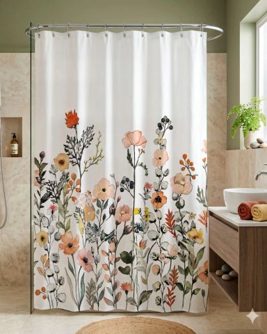 CORTINA DE BAÑO DE TELA IMPERMEABLE MAS FORRO CON DISEÑO FLOREADO F3 - 4