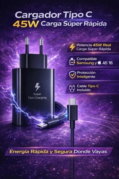 CARGADOR 45W USB C CARGA RÁPIDA PARA SAMSUNG GALAXY Y IPHONE 15 16 CON CABLE TIPO C NEGRO - 4