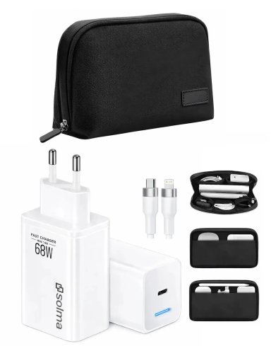 KIT CARGADOR SUPER RAPIDO 68W PARA IPHONE 8 X XR 11 12 13 14 PRO MAX CON CABLE 1M Y BOLSO - 1