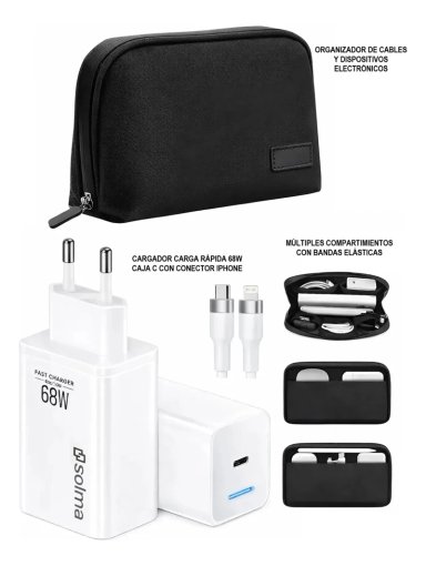 KIT CARGADOR SUPER RAPIDO 68W PARA IPHONE 8 X XR 11 12 13 14 PRO MAX CON CABLE 1M Y BOLSO - 7