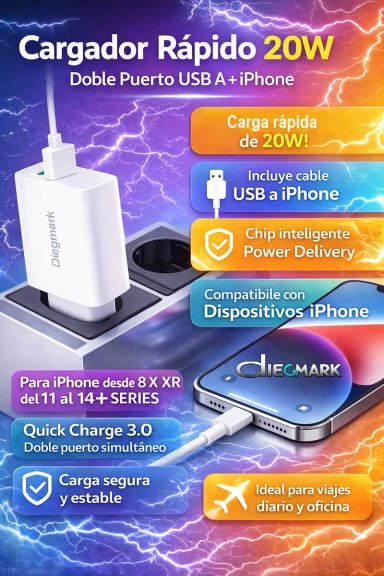 CARGADOR RAPIDO 20W USB A PARA IPHONE DK04 POWER DELIVERY QC3.0 COMPATIBLE IPHONE 8 X XR 11 12 13 14 - 3