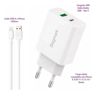 CARGADOR RAPIDO 20W USB A PARA IPHONE DK04 POWER DELIVERY QC3.0 COMPATIBLE IPHONE 8 X XR 11 12 13 14 - 7