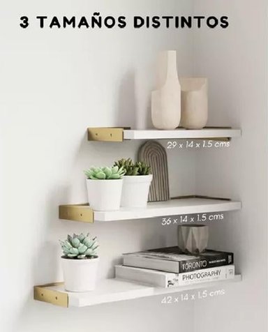 REPISAS FLOTANTES DE MADERA MULTIPROPÓSITO KIT 3 BLANCO CON DORADO - 3