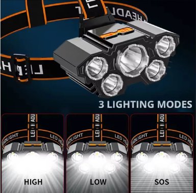 LINTERNA DE CABEZA FRONTAL 5 LEDS RECARGABLE USB 4 TIEMPOS BLANCO NEGRO - 1