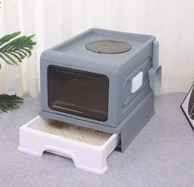 CAJA DE ARENA PARA GATOS CERRADA ARENERO GRANDE CON PALA XL GRIS OSCURO - 1