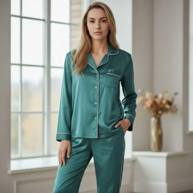 PIJAMA MUJER SATINADO 2 PIEZAS MANGA LARGA BOTONES COLORES 038 - 1