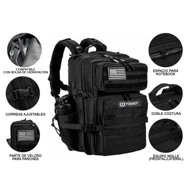 MOCHILA TACTICA DEPORTIVA 45L ALPHA EN COLOR NEGRO TITANFIT - 7