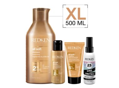 SET HIDRATANTE REDKEN CABELLO SECO ALL SOFT SHAMPOO 500 ML + 75 ML + ACONDICIONADOR 50 ML + SPRAY ONE UNITED 30 ML - 1