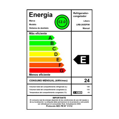 REFRIGERADOR BOTTOM FREEZER LIBERO LRB-260DFIW 240L FRIO DIRECTO ACERO - 12