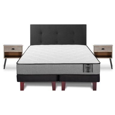 CAMA EUROPEA FLEX STAR 2 PLAZAS B/D + RESPALDO ROYAL + 2 VELADORES ROCK - 1