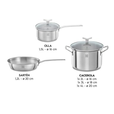JUEGO OLLAS ELECTROLUX ACERO INOXIDABLE ACERO SARTÉN: 1.2L OLLA: 1.5L CACEROLA: 2L CACEROLA: 3L CACEROLA: 4L 9 - 2