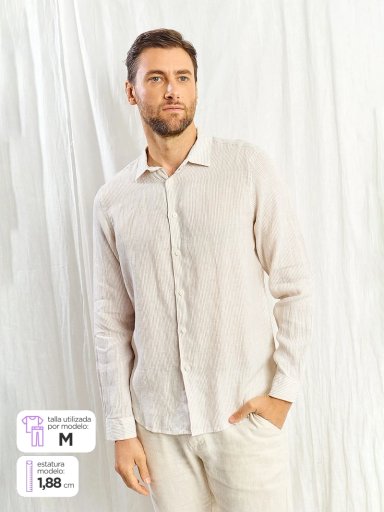 CAMISA HOMBRE SPAVALDI LINO CUELLO CAMISERO MANGA LARGA LÍNEAS - 1
