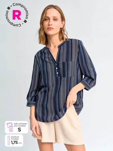 BLUSA MUJER AZIZ CUELLO MAO MANGA 3/4 ESTAMPADA - 1