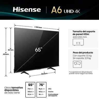 SMART TV HISENSE LED 4K UHD 65” 65A6NV - 3