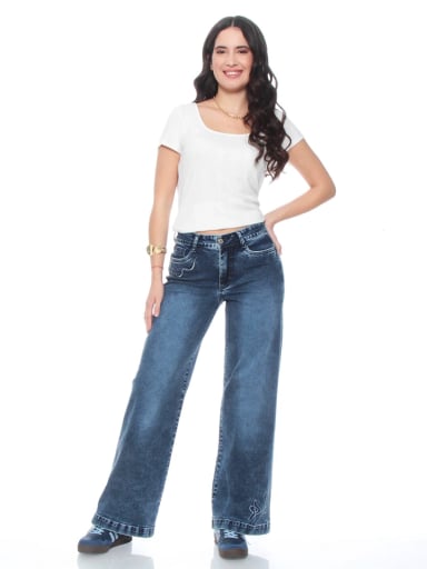 JEANS ALGODÓN WIDELEG MUJER WADOS TIRO ALTO BORDADO - 1