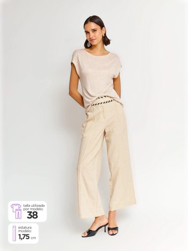 PANTALÓN MUJER CACHAREL LINO ANCHO APLICACIONES - 1