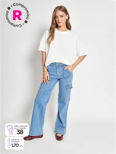 JEANS MUJER INDEX ALGODÓN CARGO TIRO MEDIO - 1