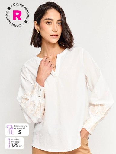 BLUSA MUJER CACHAREL ALGODÓN CUELLO MAO MANGA LARGA BORDADO - 1