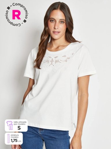 POLERA MUJER CACHAREL ALGODÓN MANGA CORTA APLICACIÓN - 1