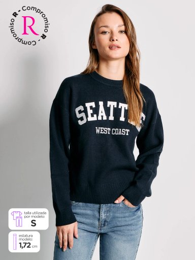 SWEATER MUJER INDEX MANGA LARGA BORDADO COLLEGE - 1