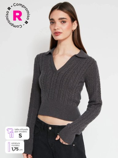 SWEATER MUJER INDEX CUELLO POLO MANGA LARGA TRENZADO - 1