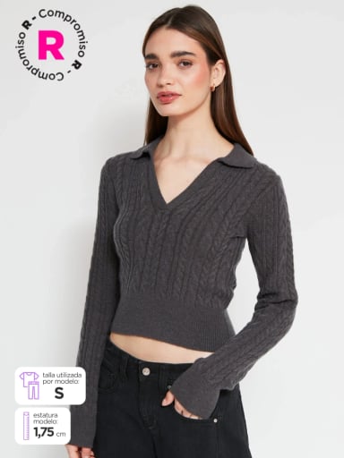 SWEATER MUJER INDEX CUELLO POLO MANGA LARGA TRENZADO - 1