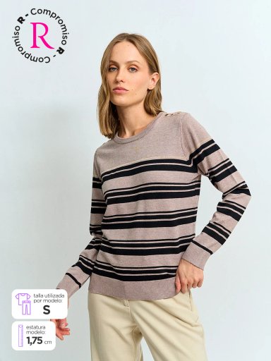 SWEATER MUJER CACHAREL CUELLO REDONDO MANGA LARGA RAYAS Y BOTONES - 1