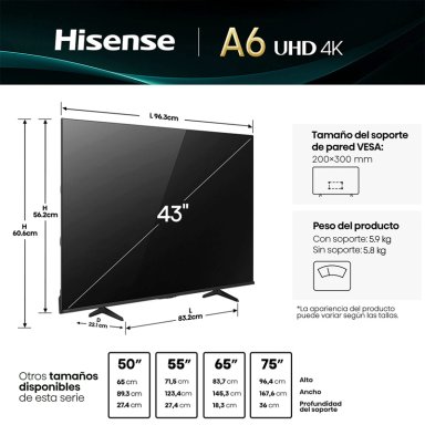SMART TV HISENSE LED 4K UHD 43” 43A6NV - 3