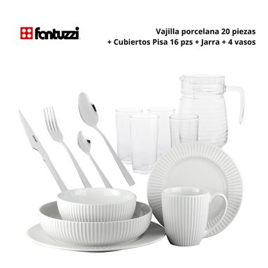 SET DE LOZA FANTUZZI JUEGO DE VAJILLA 20 PZS + CUBIERTOS PISA + JARRA 4 VASOS - 1