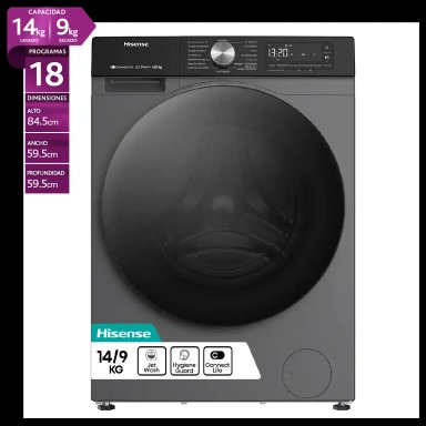 LAVADORA SECADORA HISENSE WD3S1443BT2 14KG 9KG GRAFITO - 1